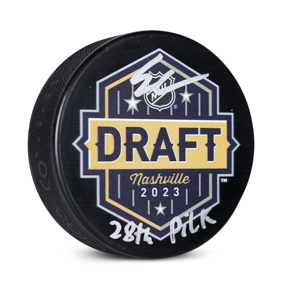 Easton Cowan Signed 2023 NHL Entry Draft Puck with 28th Pick Note