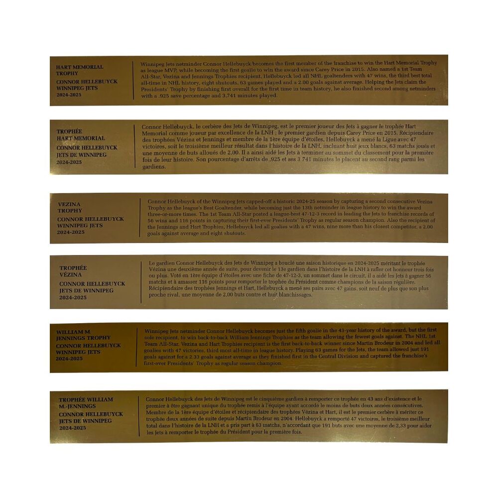 Connor Hellebuyck 2024-25 Hart Memorial Trophy, Vezina Trophy, William M. Jennings Trophy Gold Placards (English and French) ONLY PAIR AVAILABLE