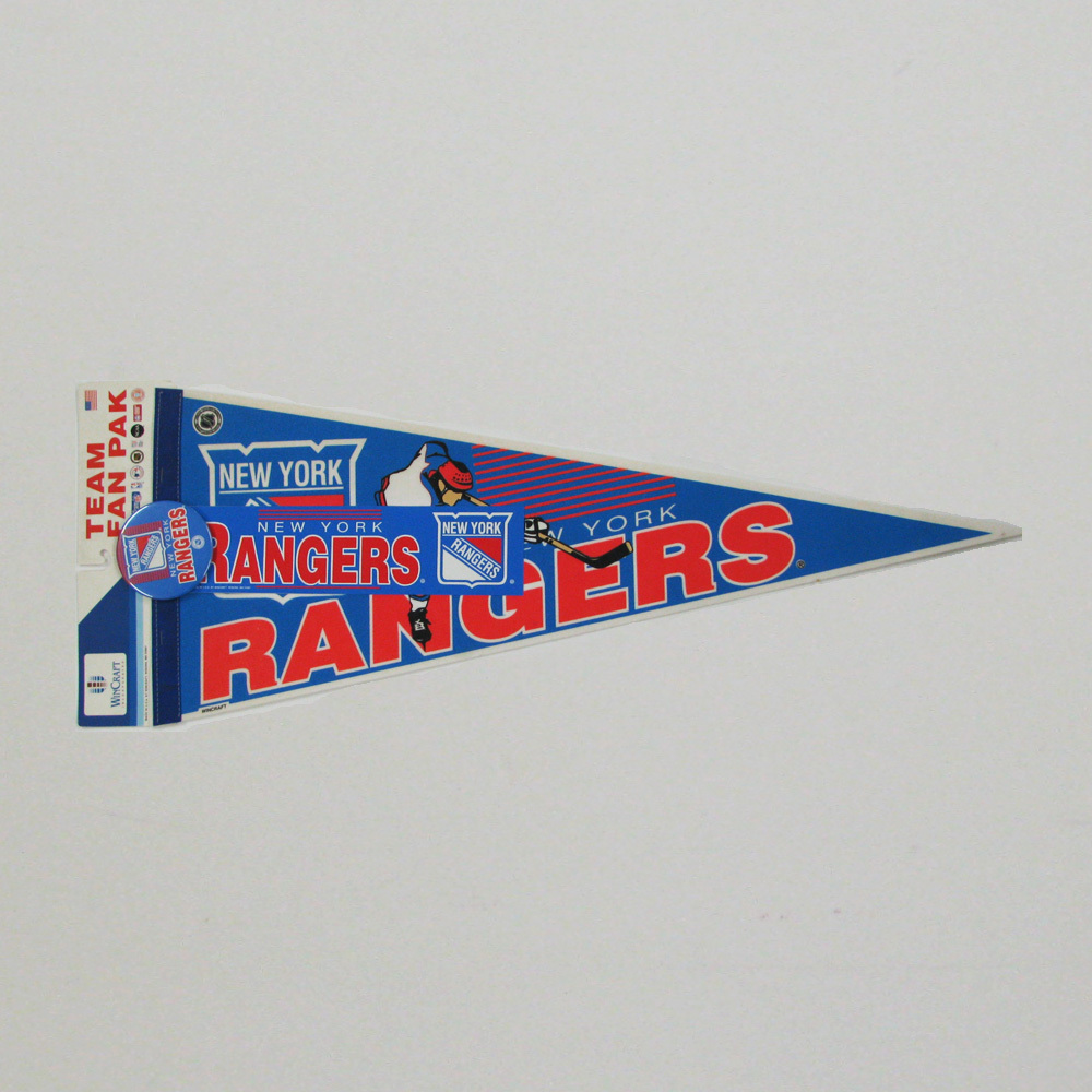 Vintage NHL Official NEW YORK RANGERS Fan Pack - Pennant, Bumper Sticker & Badge - NOS