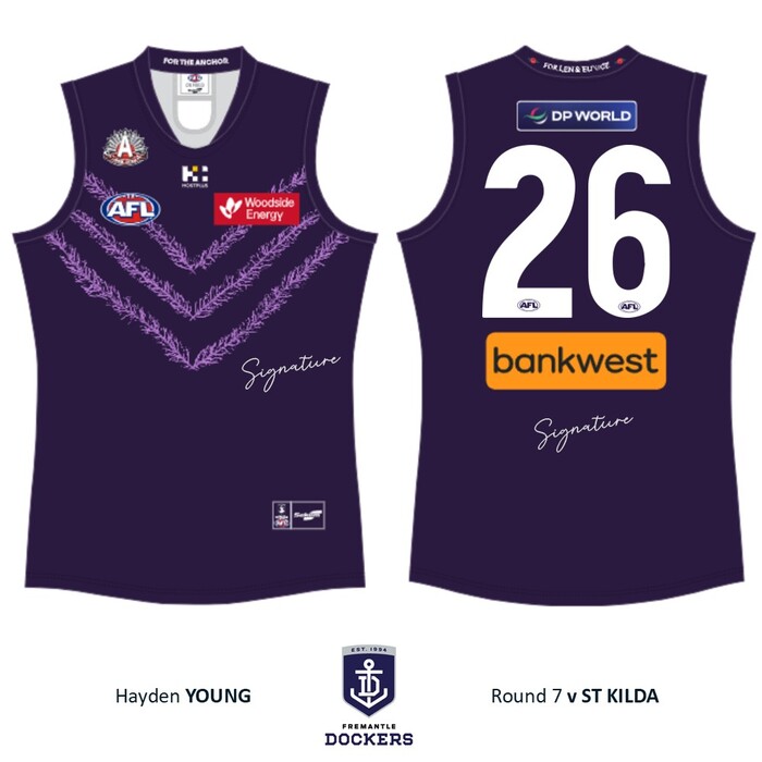Photo of Hayden Young #26 Fremantle 2026 Len Hall ANZAC Day Match-Worn Guernsey