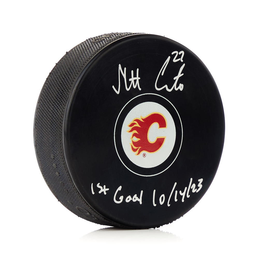 Matt Coronato Autographed Calgary Flames Hockey Puck with 1st Goal 10/14/23 Note