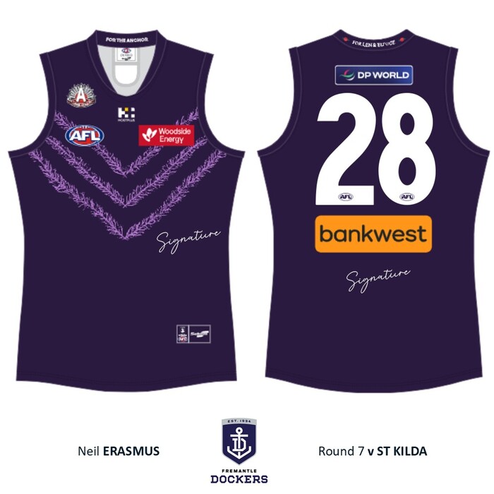 Photo of Neil Erasmus #28 Fremantle 2026 Len Hall ANZAC Day Match-Worn Guernsey
