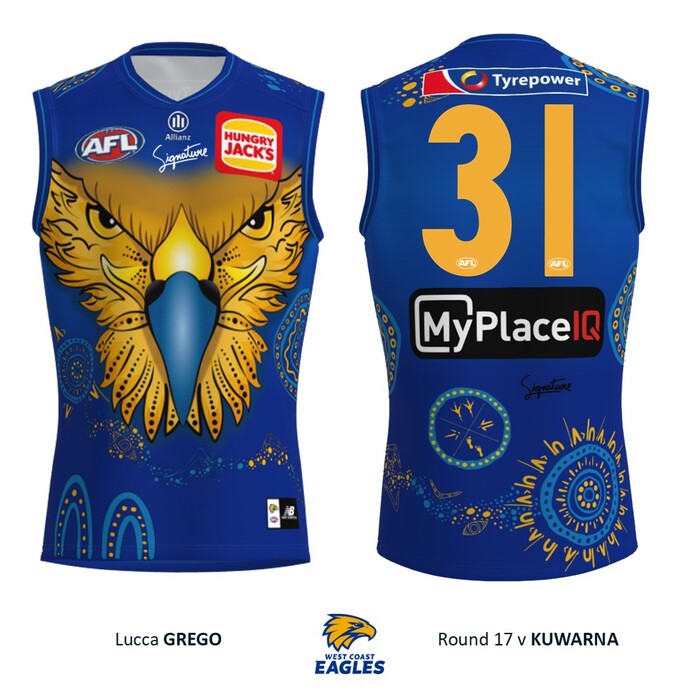 Photo of Lucca Grego #31 West Coast Eagles 2026 First Nations Player-Issue Guernsey