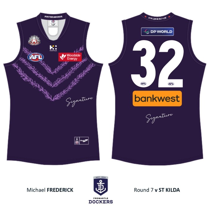 Photo of Michael Frederick #32 Fremantle 2026 Len Hall ANZAC Day Match-Worn Guernsey