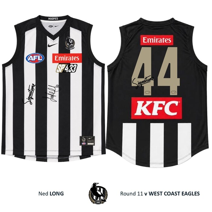 Photo of Ned Long #44 Collingwood 2026 SP433 Gold Number Dual Signed Match Worn Guernsey