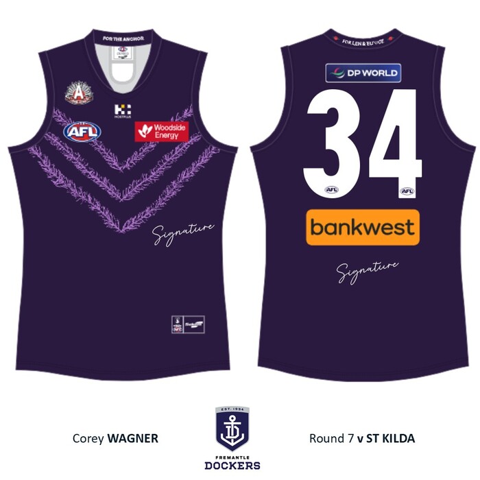 Photo of Corey Wagner #34 Fremantle 2026 Len Hall ANZAC Day Match-Worn Guernsey