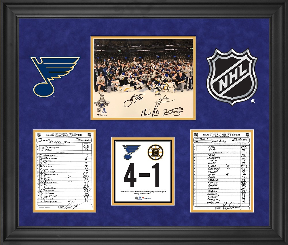 St. Louis Blues Framed Original Line-Up Cards from June 12, 2019 vs. Boston Bruins with Multi-Autographed 8