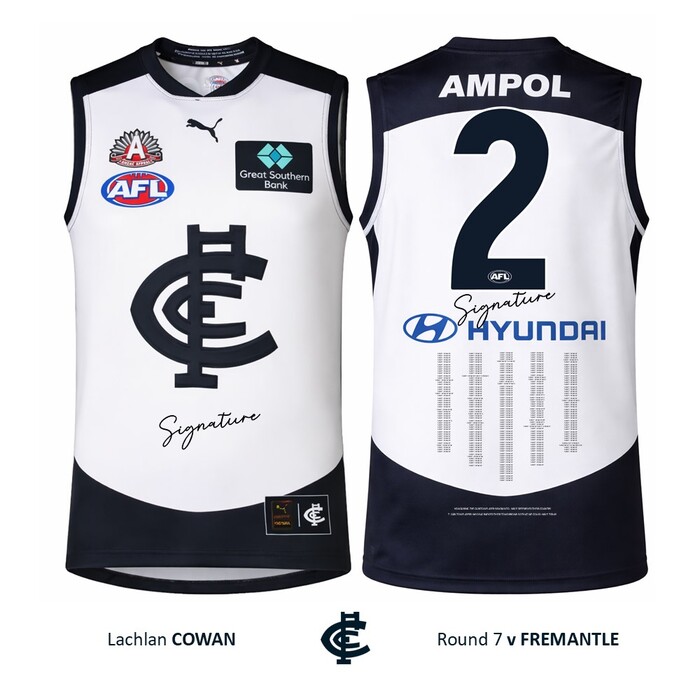 Photo of Lachie Cowan #2 Carlton 2026 ANZAC Day Match Guernsey