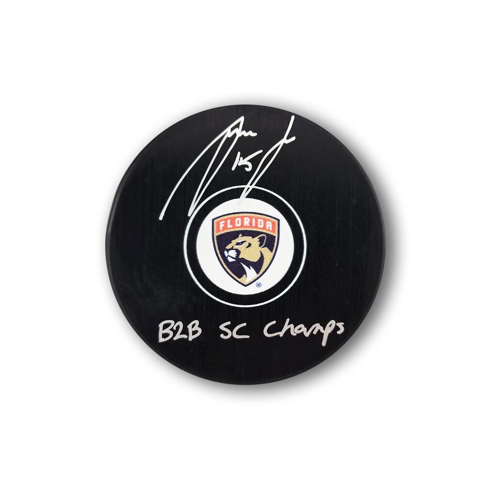 Anton Lundell Autographed Florida Panthers Hockey Puck Inscribed B2B SC Champs