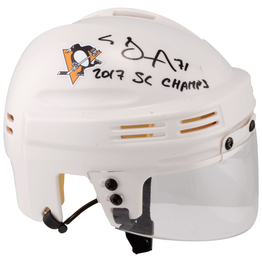 Evgeni Malkin Pittsburgh Penguins Autographed White Mini Helmet with 2017 SC Champs