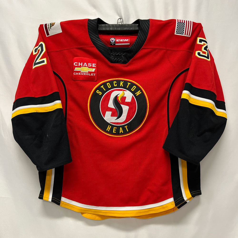 AHL Authentic 2022 Stockton Heat Calder Cup Playoffs RED Jersey Game Worn and Signed by 23