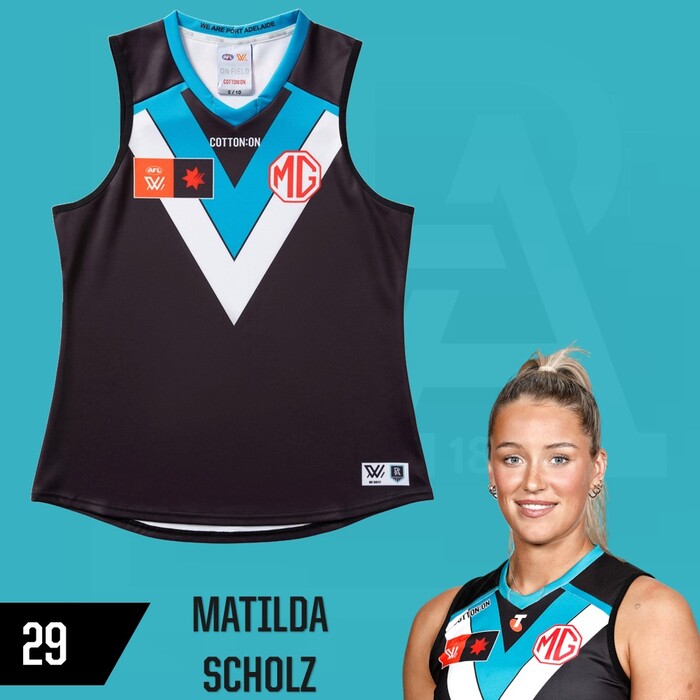 Photo of Matilda Scholz #29 Port Adelaide 2025 Home Match-Worn Guernsey