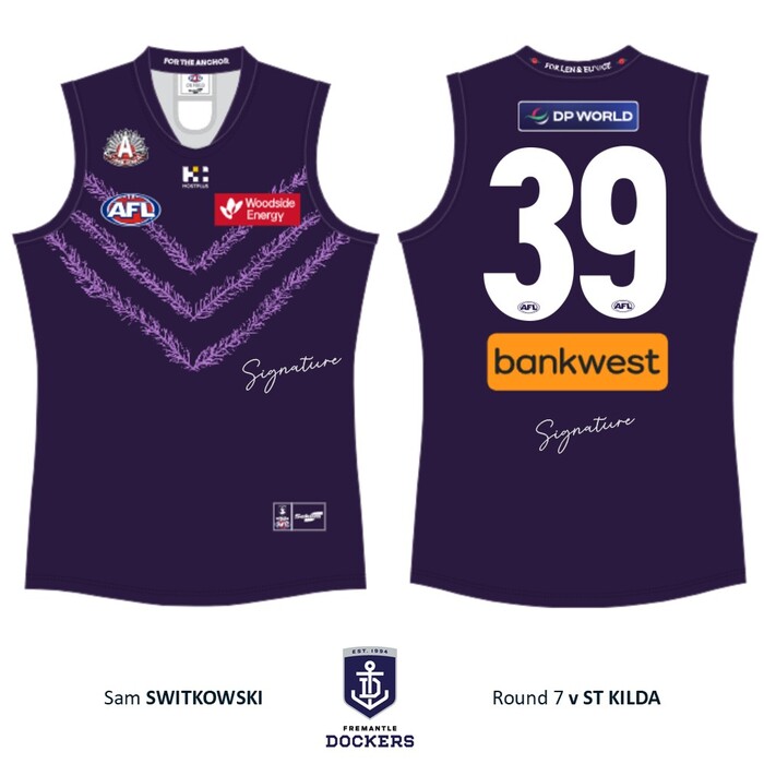 Photo of Sam Switkowski #39 Fremantle 2026 Len Hall ANZAC Day Match-Worn Guernsey
