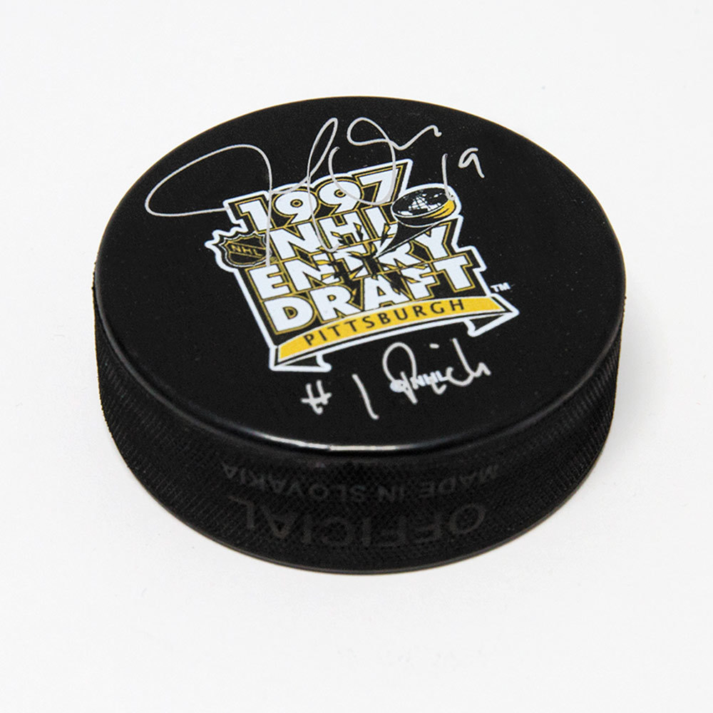 Joe Thornton 1997 NHL Draft Day Autographed Hockey Puck with 1st Pick Note *San Jose Sharks*