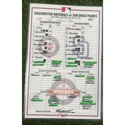 Game-Used Dugout Lineup Card from May 16, 2015 - Max Scherzer 7.0 IP, 0 R