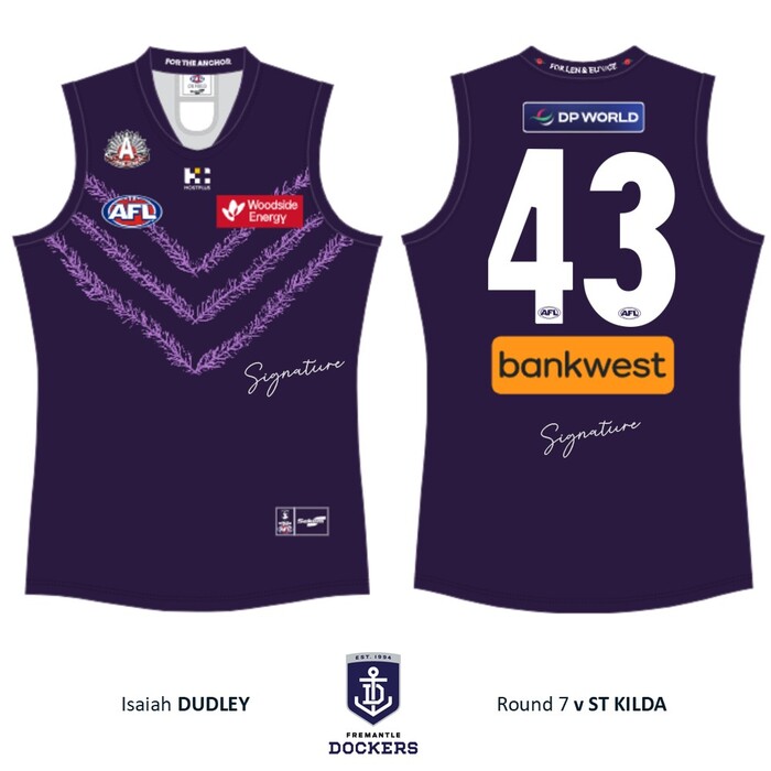 Photo of Isaiah Dudley #43 Fremantle 2026 Len Hall ANZAC Day Match-Worn Guernsey