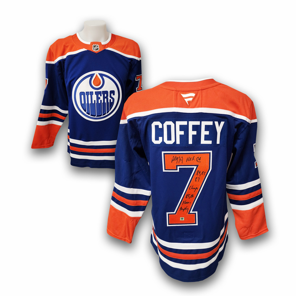 Paul Coffey Autographed Edmonton Oilers Fanatics Premium Jersey Inscribed Norris and Cups