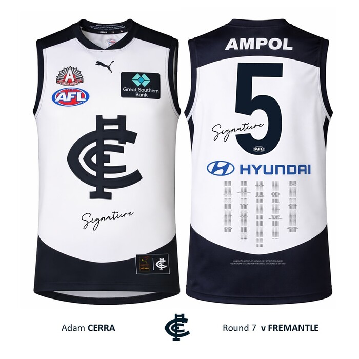 Photo of Adam Cerra #5 Carlton 2026 ANZAC Day Match Guernsey
