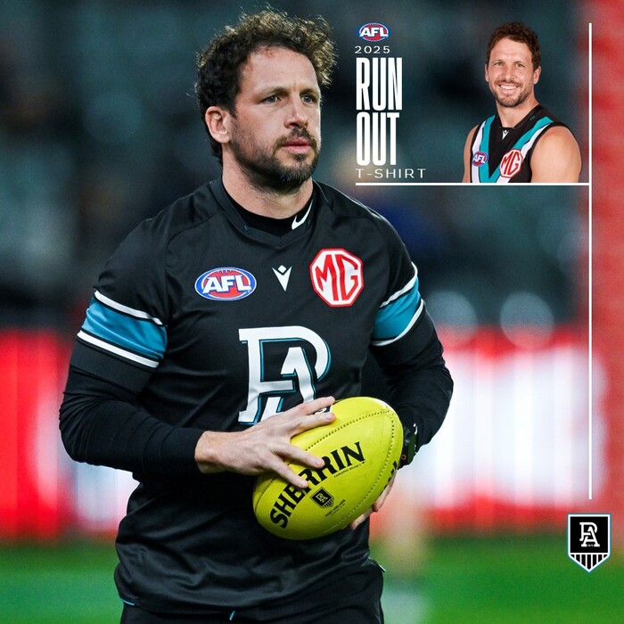 Photo of Travis Boak #10 Port Adelaide Worn 2025 Run Out T-Shirt