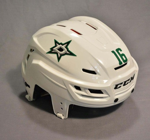 Image of Garbutt, Ryan<br>Dallas Stars<br>White, CCM Helmet - Hockey Fights Cancer & Flag Decals<br>#16
