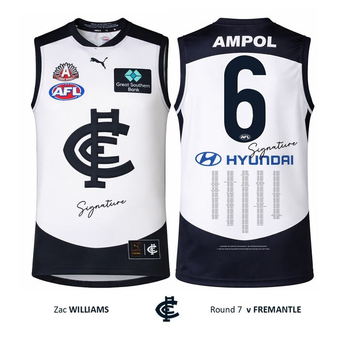 Photo of Zac Williams #6 Carlton 2026 ANZAC Day Match Guernsey