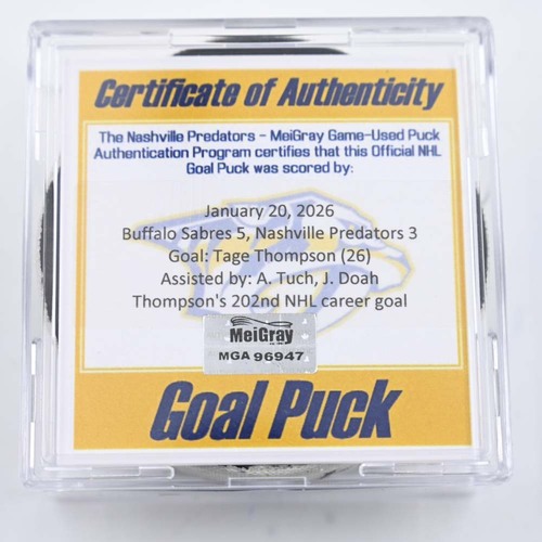 Image of Thompson, Tage - Buffalo Sabres - January 20, 2026 at Nashville Predators (Predators Logo)