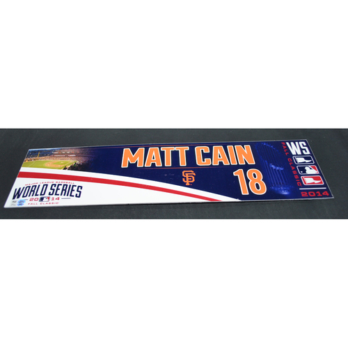 Game-Used Locker Name Plate - 2014 World Series Game 2 - Kansas City Royals vs. San Francisco Giants - Matt Cain (San Francisco Giants)