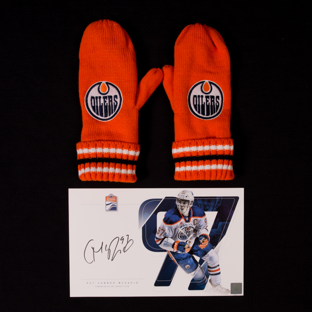 Connor McDavid #97 - Autographed Edmonton Oilers Player Card And Pair Of Hockey Fights Cancer Mittens