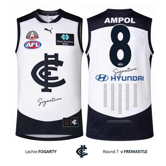 Photo of Lachie Fogarty #8 Carlton 2026 ANZAC Day Match Guernsey