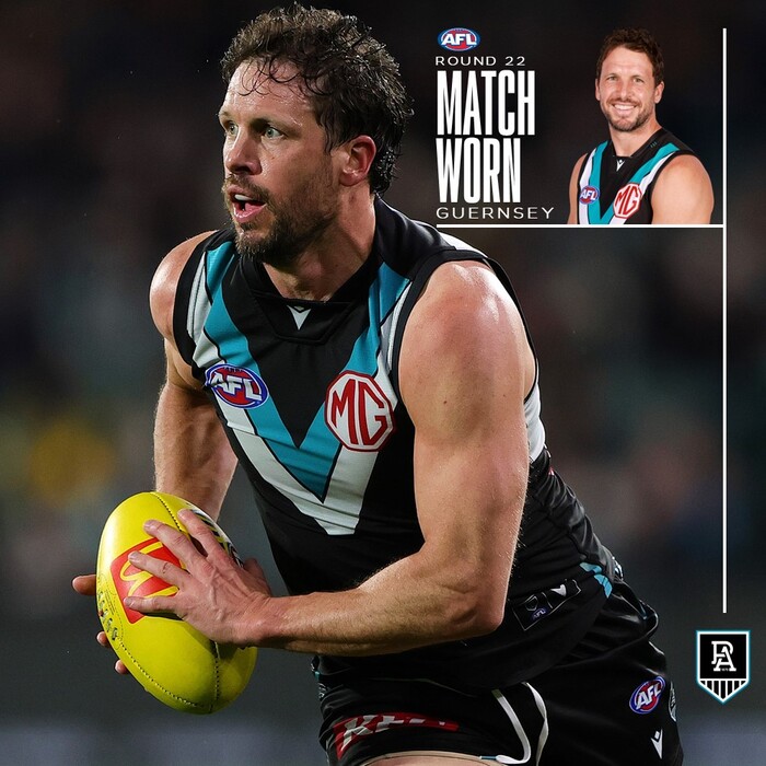 Photo of Travis Boak #10 Port Adelaide Match-Worn Signed Round 22 Home Guernsey