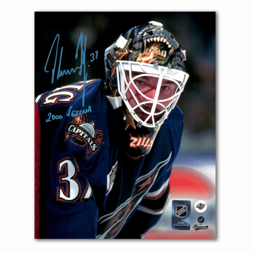 Olaf Kolzig Autographed Washington Capitals Blue 8x10 Photo Inscribed 2000 Vezina