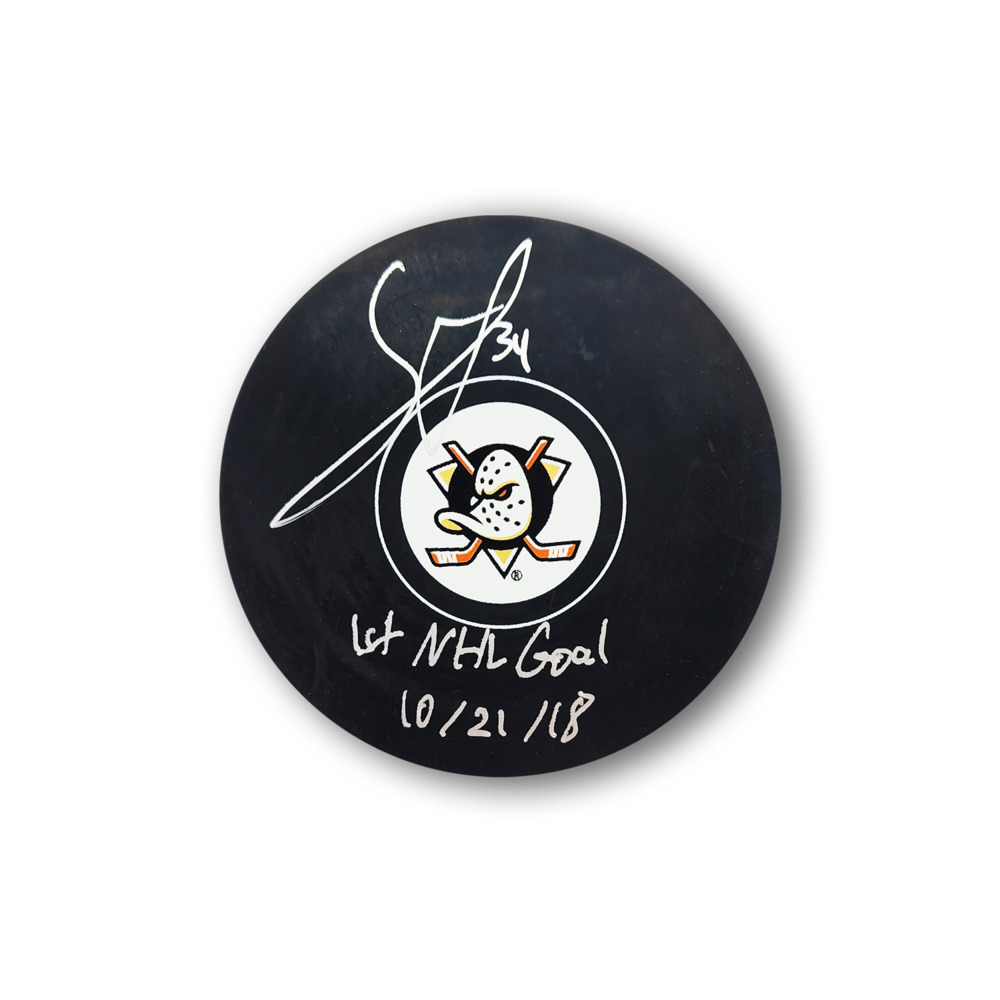 Sam Steel Autographed Anaheim Ducks Hockey Puck Inscribed 1st Goal