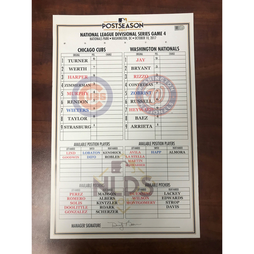 Replica Lineup Card 2017 NLDS Game 4 (Game was Postponed to 10/11/17