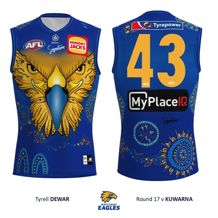 Photo of Tyrell Dewar #43 West Coast Eagles 2026 First Nations Player-Issue Guernsey