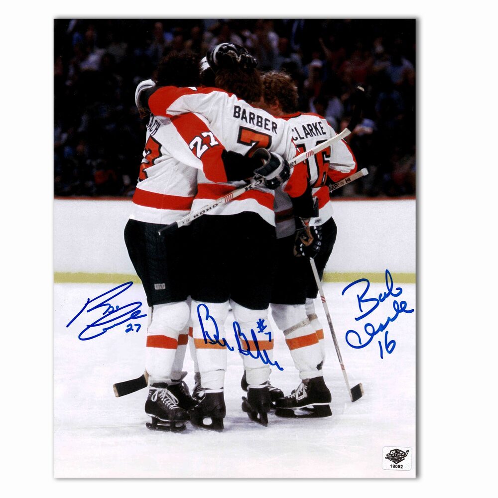 Bobby Clarke, Bill Barber, and Reggie Leach Autographed Philadelphia Flyers 8x10 Photo