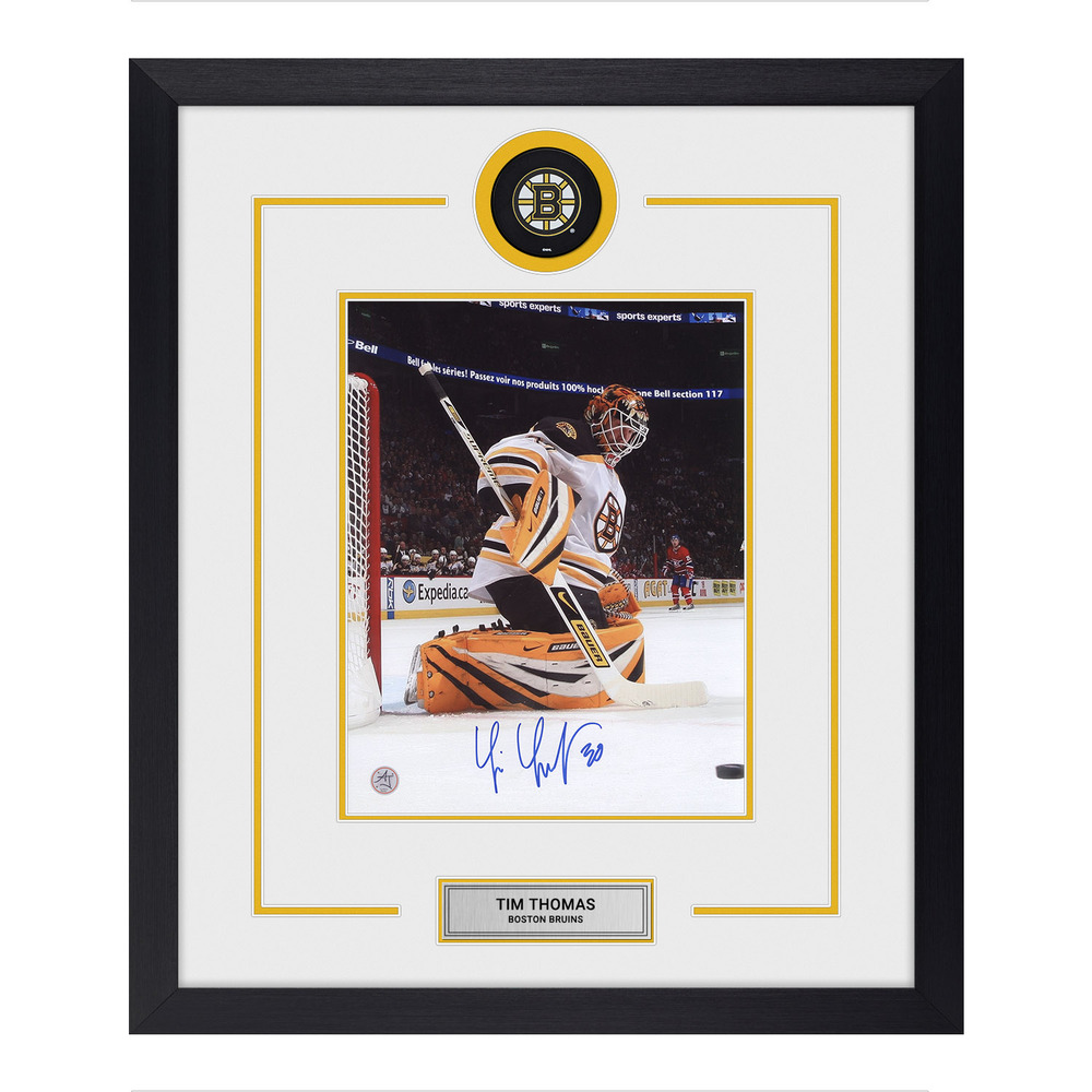 Tim Thomas Autographed Boston Bruins Puck Logo 23x27 Frame