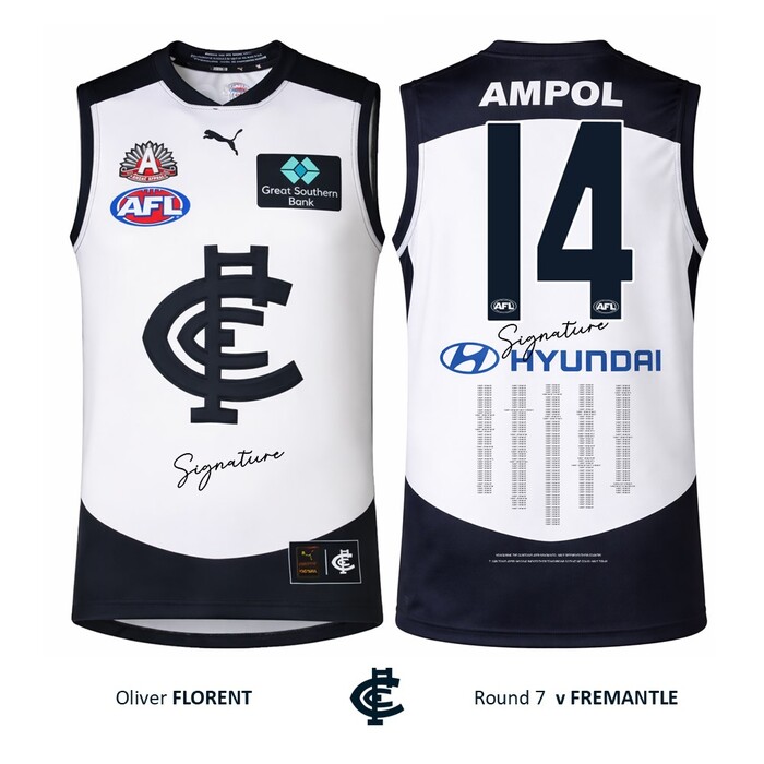 Photo of Oliver Florent #14 Carlton 2026 ANZAC Day Match Guernsey