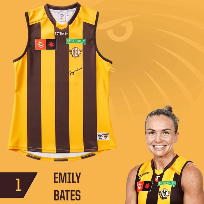 Photo of Emily Bates #1 Hawthorn 2025 Semi-Final Match-Worn Guernsey