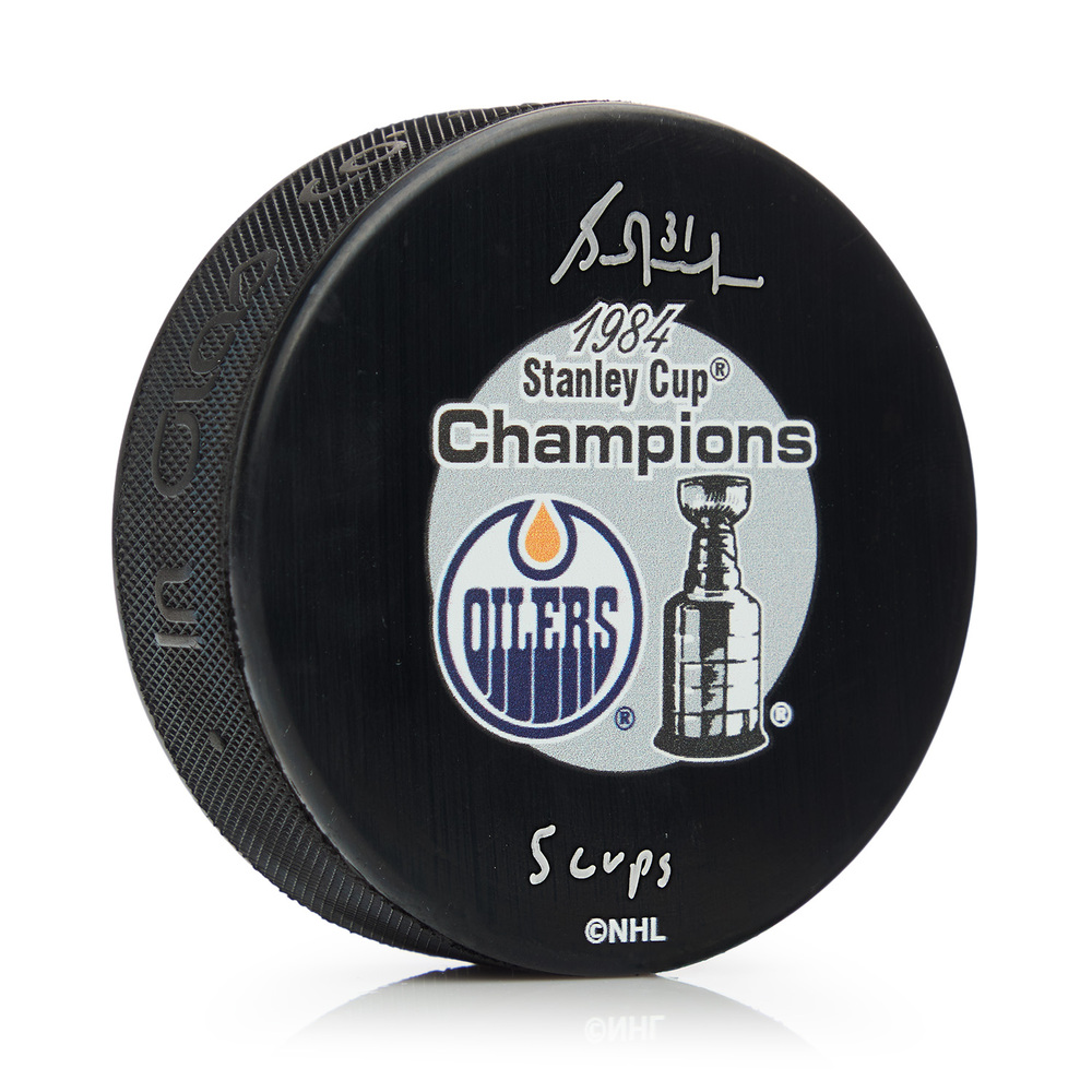Grant Fuhr Signed Edmonton Oilers 1984 Stanley Cup Puck with 5 Cups Note