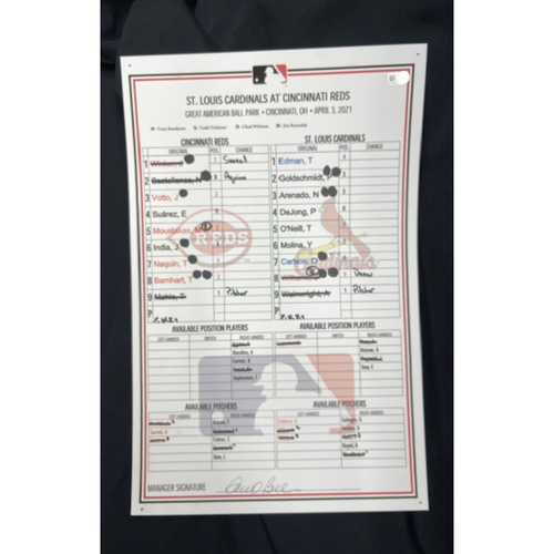 Game-Used Dugout Lineup Card -- Cardinals vs. Reds on 4/3/21 -- $5 Shipping