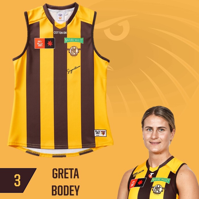 Photo of Greta Bodey #3 Hawthorn 2025 Semi-Final Match-Worn Guernsey