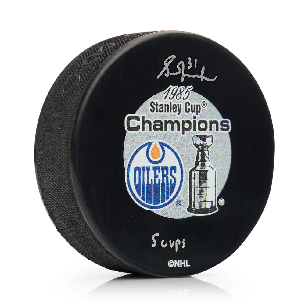 Grant Fuhr Signed Edmonton Oilers 1985 Stanley Cup Puck with 5 Cups Note