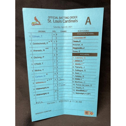 Official Batting Order Card -- St. Louis Cardinals -- Cardinals vs. Reds on 4/3/21 -- $5 Shipping