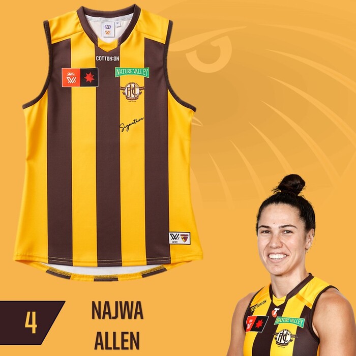Photo of Najwa Allen #4 Hawthorn 2025 Semi-Final Match-Worn Guernsey
