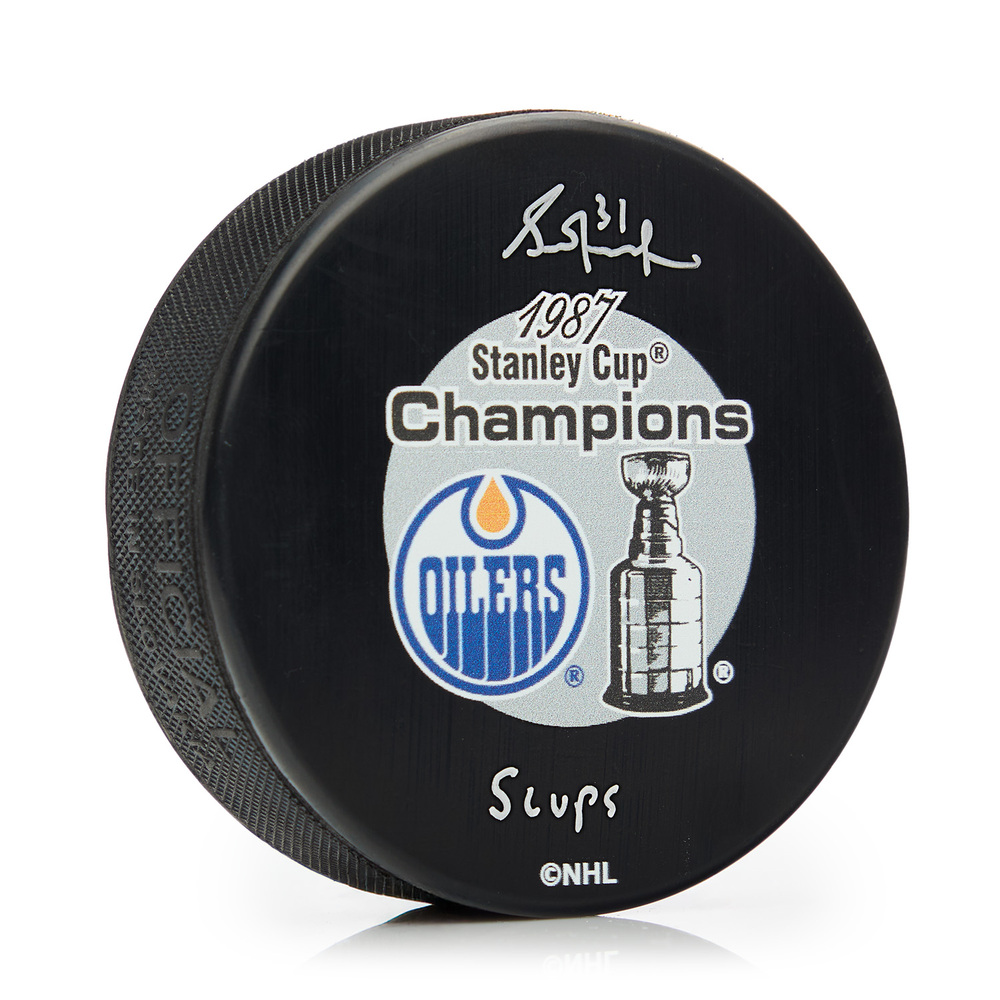 Grant Fuhr Signed Edmonton Oilers 1987 Stanley Cup Puck with 5 Cups Note