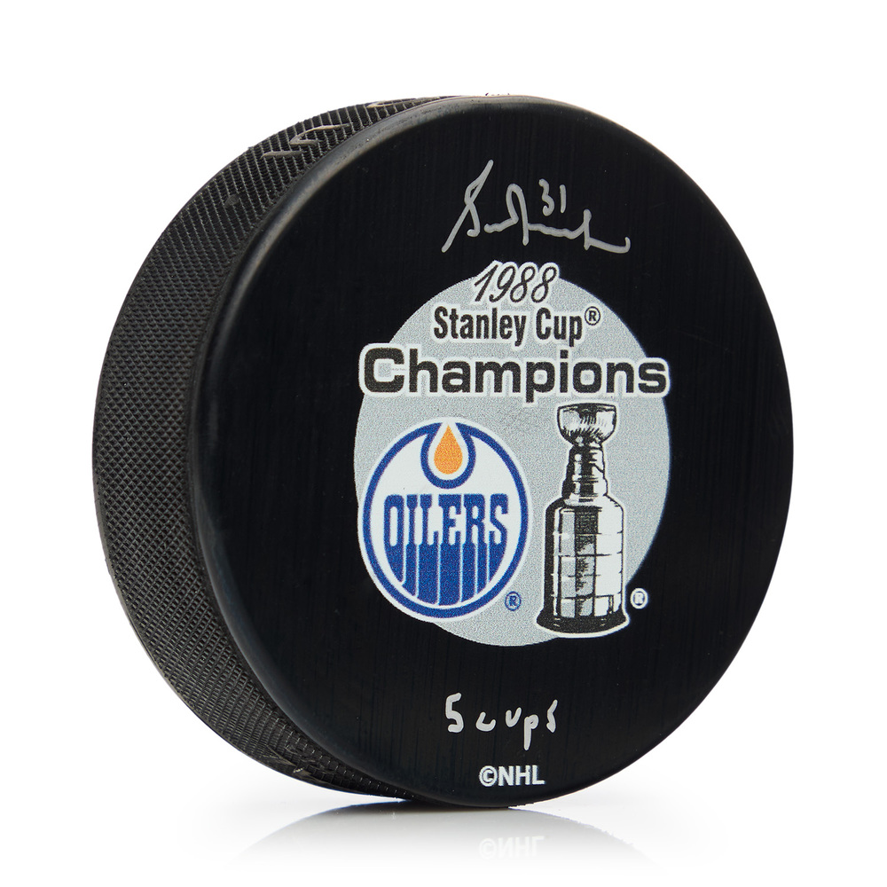 Grant Fuhr Signed Edmonton Oilers 1988 Stanley Cup Puck with 5 Cups Note