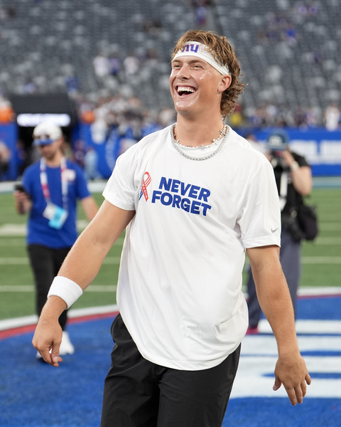 Giants - Never Forget - Jaxson Dart Pre Game Worn Shirt 