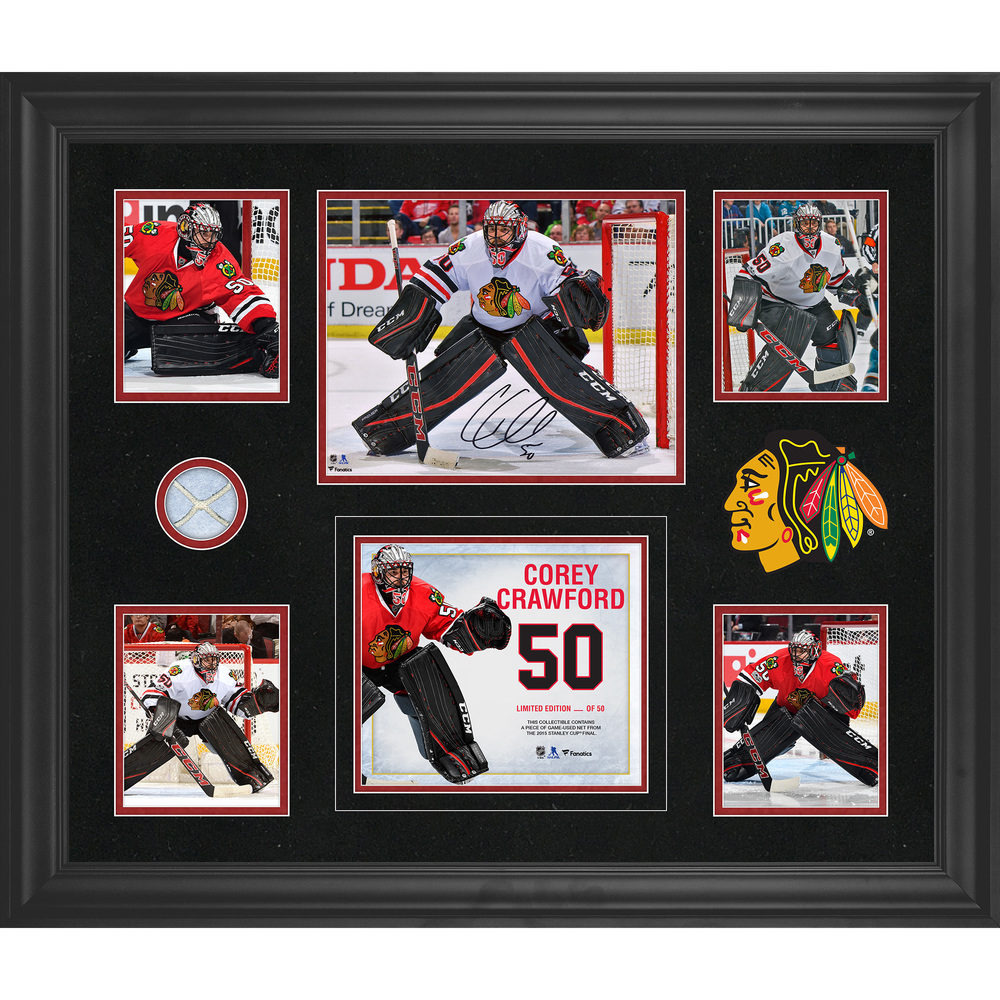 Corey Crawford Chicago Blackhawks Framed Autographed 5-Photo Collage With A Piece Of Game-Used Net - Limited Edition of 50