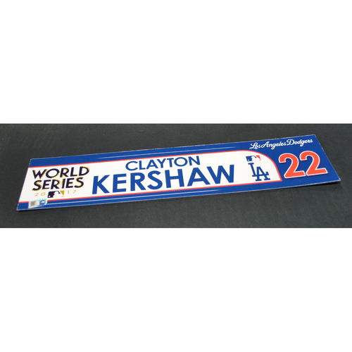 Game-Used Locker Name Plate - 2017 World Series Game 3 - Houston Astros vs. Los Angeles Dodgers - Clayton Kershaw (Los Angeles Dodgers)