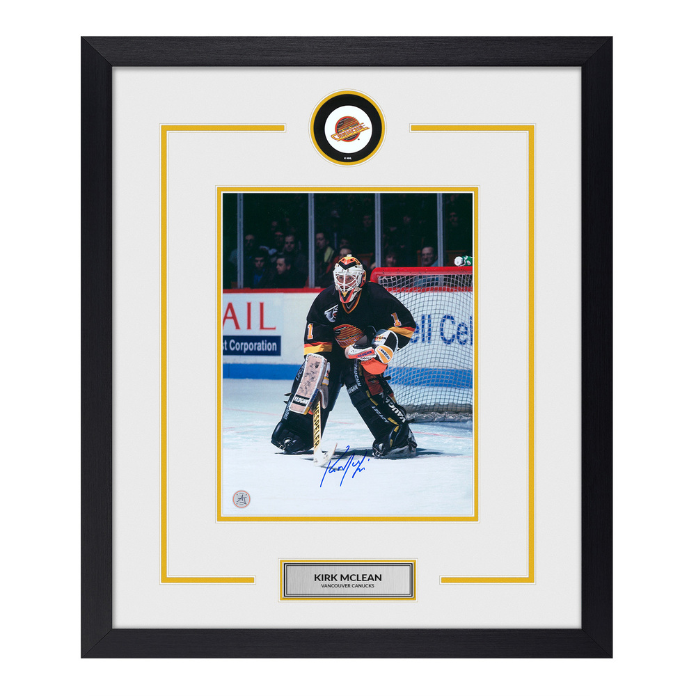 Kirk McLean Autographed Vancouver Canucks Puck Logo 23x27 Frame